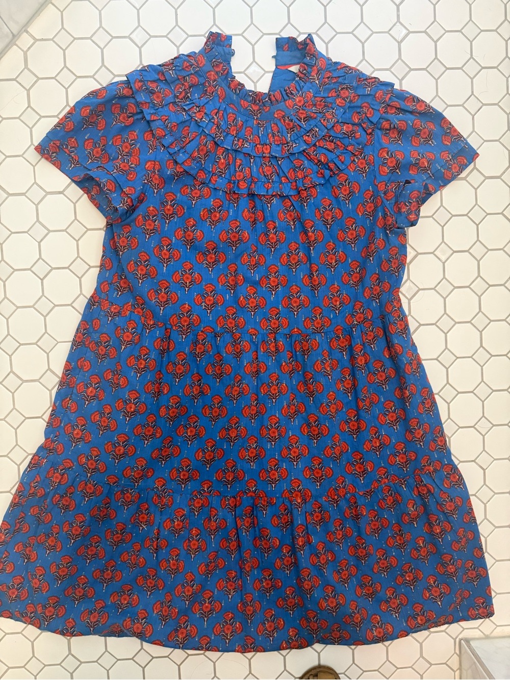Blue Smocked Neck Red/Orange Floral Shift Dress